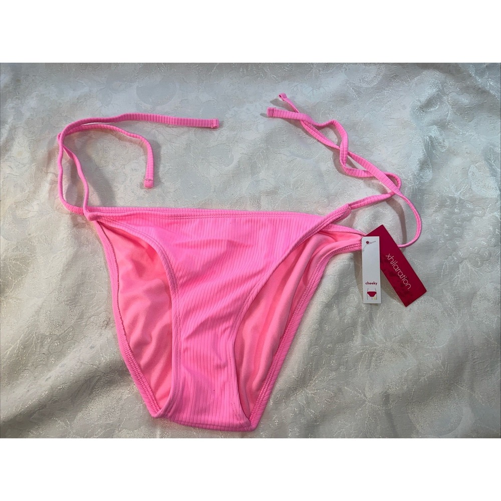 Xhilaration Juniors Lurex Ribbed Side Ties Cheeky Bikini Bottom Pink Sz L (8-10)